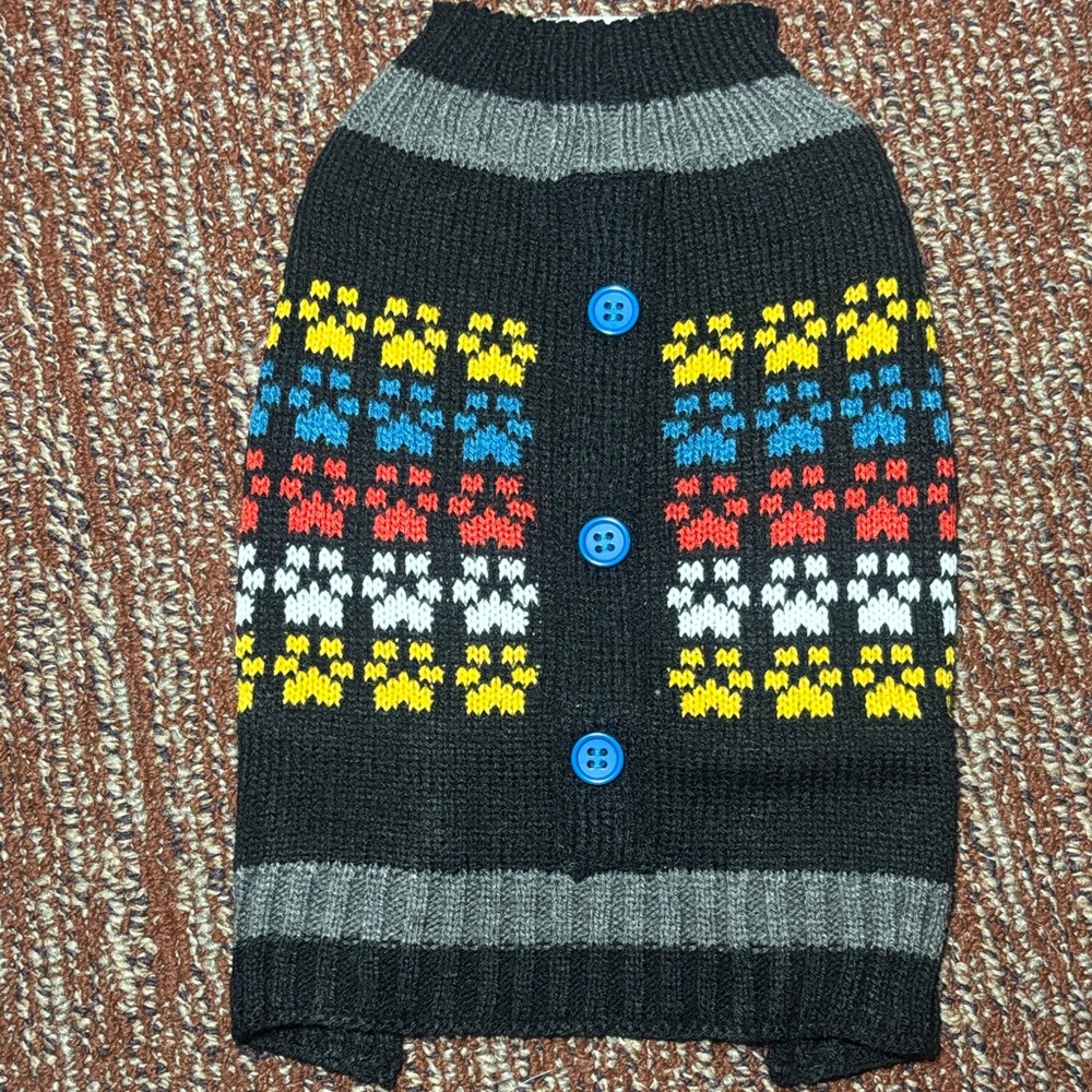 Vibrant Black and Blue Pet Sweater paw print button up xs small dog/cat sweater